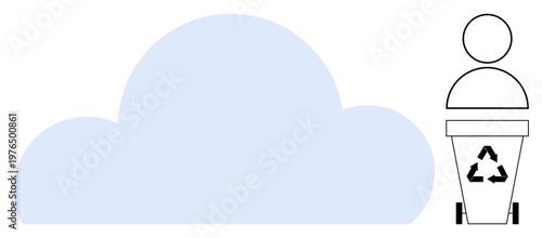 Sustainability, cloud storage, eco-friendly tech, environmental awareness, waste management, recycling. A cloud icon next to a person using a recycling bin. Sustainability and cloud storage concepts