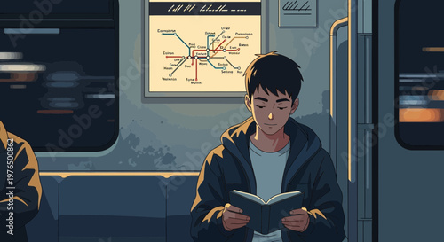 Young man engrossed in reading a book on a subway train.
