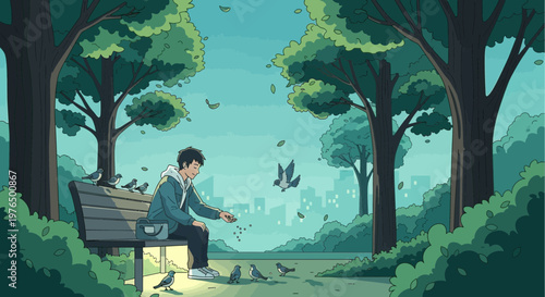 Young man feeding birds in a serene park setting.