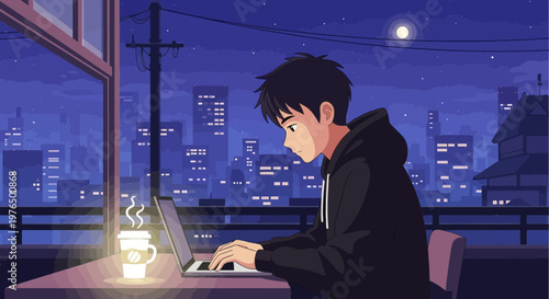 Young man focused on laptop at night.