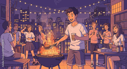 Young man grilling food at a rooftop party.