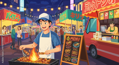 Young man grilling skewers at a vibrant night market.
