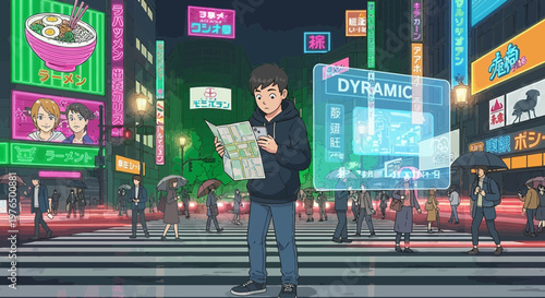 Young man holding a map in a futuristic city.