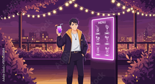 Young Man Holding Cocktail at Outdoor Evening Venue.