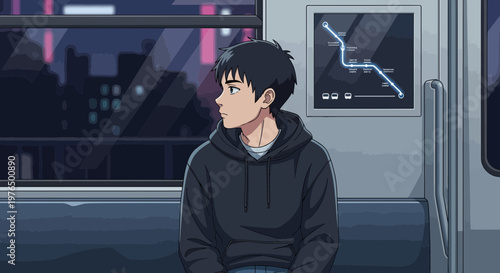 Young man in hoodie on public transport at night.