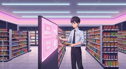 Young man interacting with digital display in store.