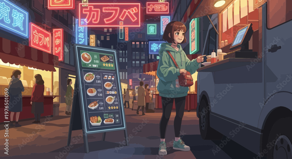 Obraz premium Young woman ordering food from a street vendor at night.