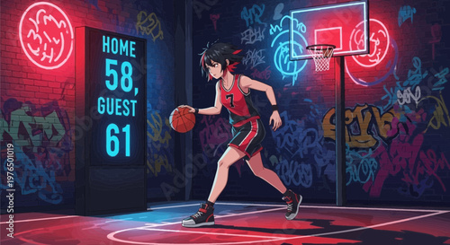 Young woman basketball player dribbling ball intensely.