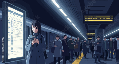 Young woman checking phone on subway platform.