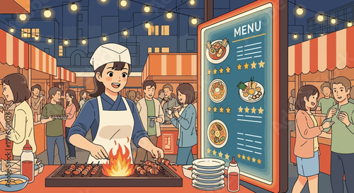 Young woman chef cooking food at outdoor market stall.