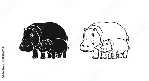 Hippopotamus Family Sketch Guide Vector
