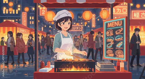 Young woman cooking at a street food stall.