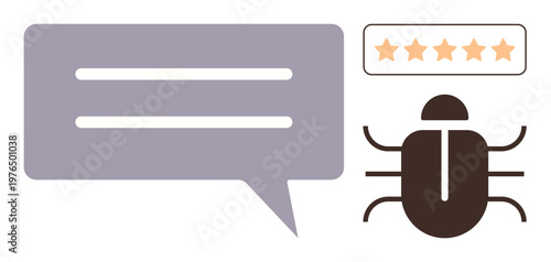 Cybersecurity, online reviews, malware analysis, system reliability, data protection, customer feedback. Bug icon with speech bubble and rating stars. Cybersecurity and online reviews concept