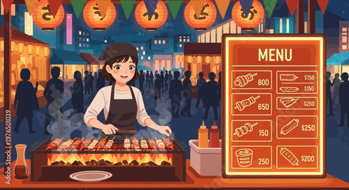 Young woman cooking food at a street stall.