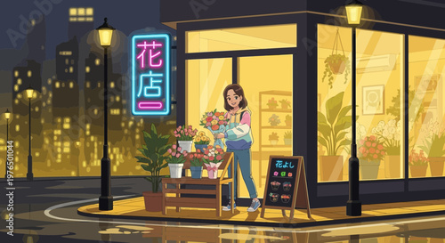 Young Woman Florist Arranging Bouquet Outside Shop.