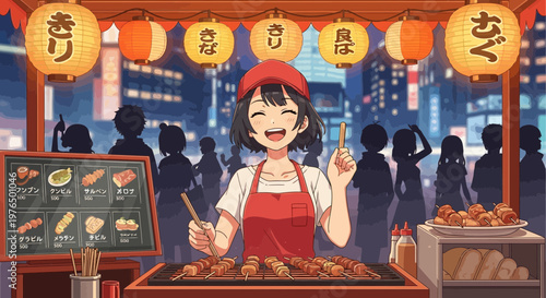 Young woman grilling food at a night market stall.