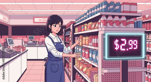 Young woman in apron working in a grocery store aisle.