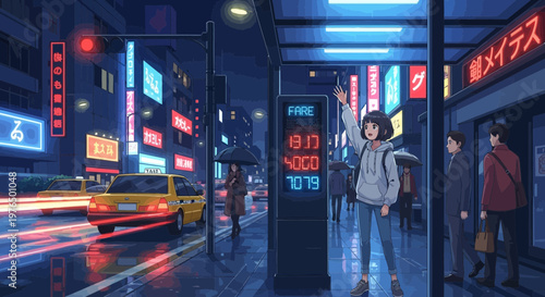 Young woman hailing taxi on rainy city street at night.