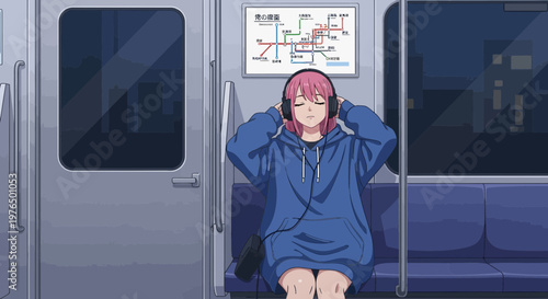 Young woman listening to music on a train.