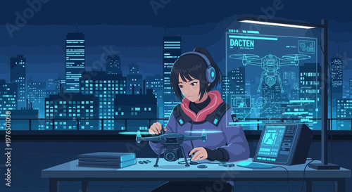 Young woman in headphones working on drone technology.