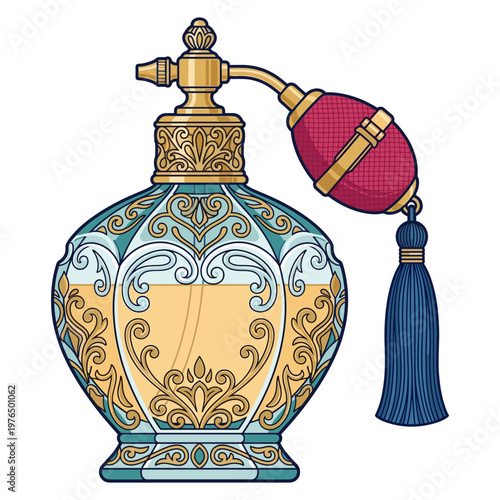 An elegant vintage perfume bottle with ornate detailing and a tassel