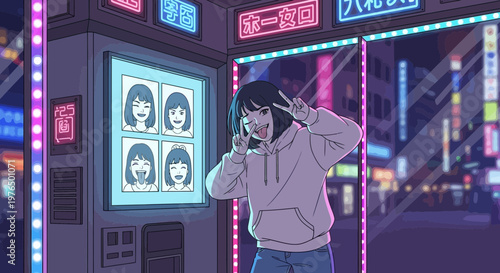 Young Woman Posing for Photo Booth in Neon City.