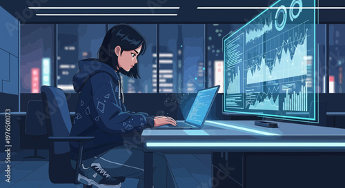 Young woman programmer working late at night on laptop.