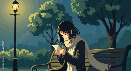 Young woman reading a letter on a park bench at night.