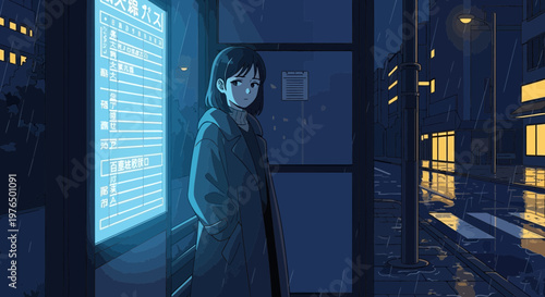 Young Woman Standing Alone in Neon City Night.