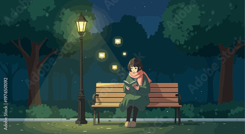 Young Woman Sitting Alone on Park Bench at Night.