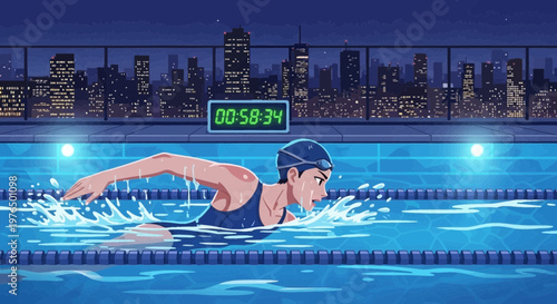 Young woman swimming freestyle in a competition pool.