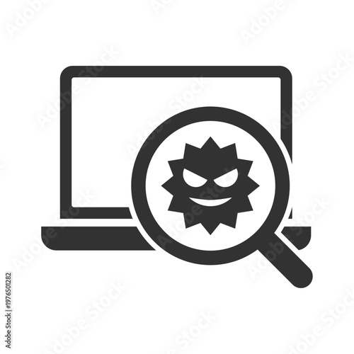 ノートパソコンウイルス感染虫眼鏡診断アイコン｜マルウェア・・セキュリティリスク