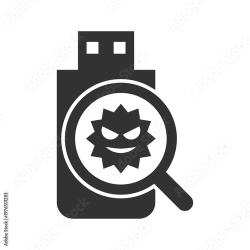 USBメモリウイルス感染虫眼鏡診断アイコン｜マルウェア・セキュリティリスク	
