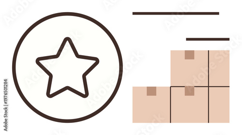 Shipping, delivery, customer satisfaction, product quality, supply chain, ratings. Star symbol next to stacked cardboard boxes. Shipping logistics and customer satisfaction concept