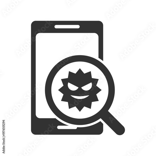 スマートフォンウイルス感染虫眼鏡診断アイコン｜マルウェア・セキュリティリスク