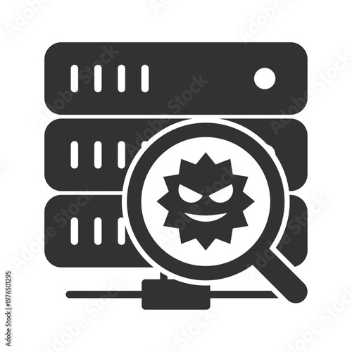 サーバーウイルス感染虫眼鏡診断アイコン｜マルウェア・セキュリティリスク