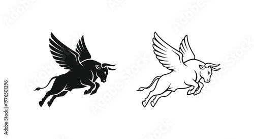 Mythical Pegasus Bull Hybrid Art Designs Vector