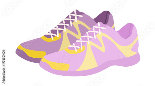 Unisex running sneaker shoe flat pair. Comfortable modern sport footwear for youth street style activity. Technical fashion illustration, CAD mockup, soft vector man woman isolated contemporary style.