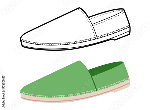 Green espadrille flat shoe women flat plus line set. Stitch detail canvas footwear for fashion catalog travel project. Technical fashion illustration CAD mockup mixed vector man unisex isolated style.