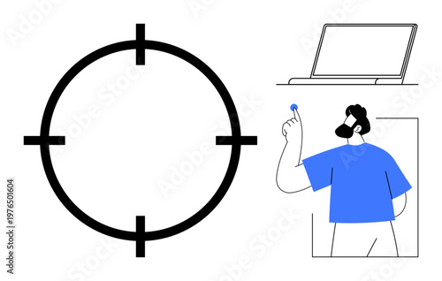 Marketing, tech security, identity verification, biometrics, online operations, personal identification. ion of a target, a man with tech devices and a laptop. Marketing and tech security concept