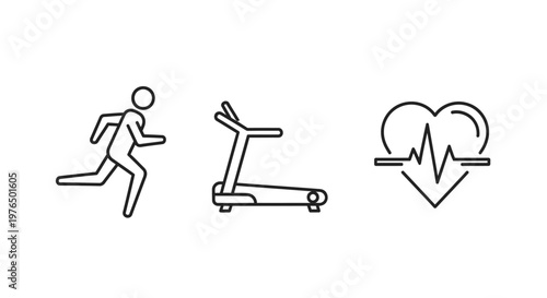 Fitness icons set running figure treadmill and heart rate symbol