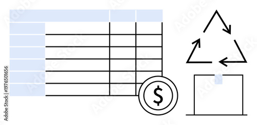 Financial management, sustainability, budgeting, eco-conscious planning, recycling, and circular economy. A table with budget rows, a dollar sign icon and a recycling symbol. Financial management