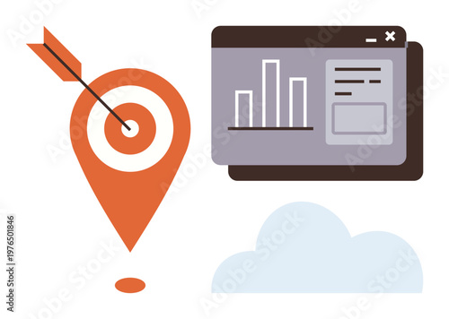 Business goals, data analysis, location services, cloud technology, marketing strategies, analytics tools. A location pin with a target, a chart dashboard and a cloud. Business goals and data