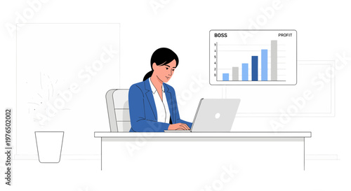 Businesswoman working diligently at her desk with laptop and charts.