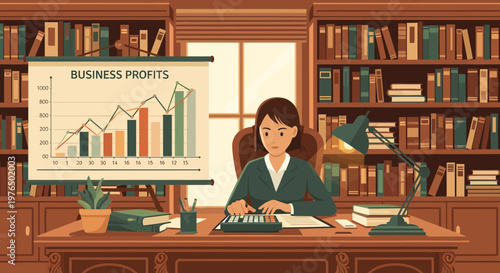 Businesswoman working diligently at her desk with financial charts.