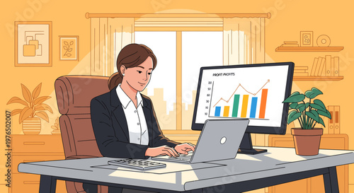 Businesswoman working diligently at her desk with laptop and computer.