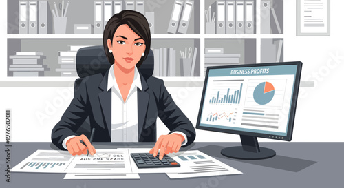 Businesswoman working diligently at her office desk with financial documents.