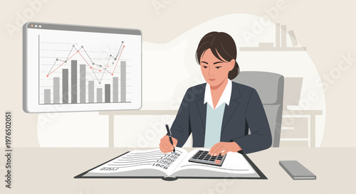 Focused Woman Working on Financial Report with Calculator.