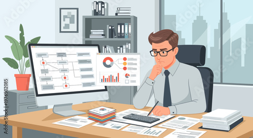 Man in Glasses Working Diligently at His Desk.