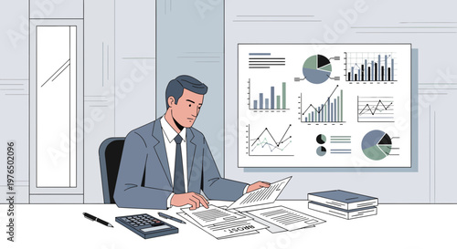 Man in suit analyzing financial documents at desk.